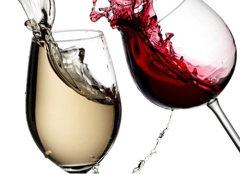 Red and white wine against white background