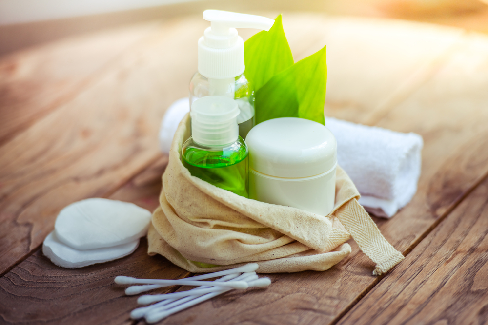 Personal care products on wooden table