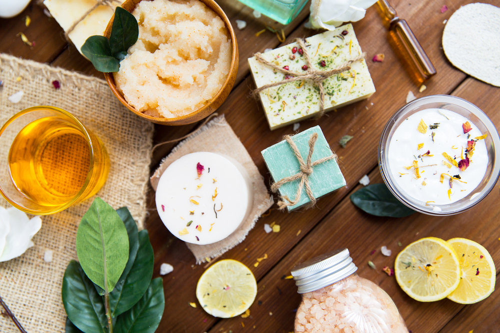 Handmade soap bars on wooden table