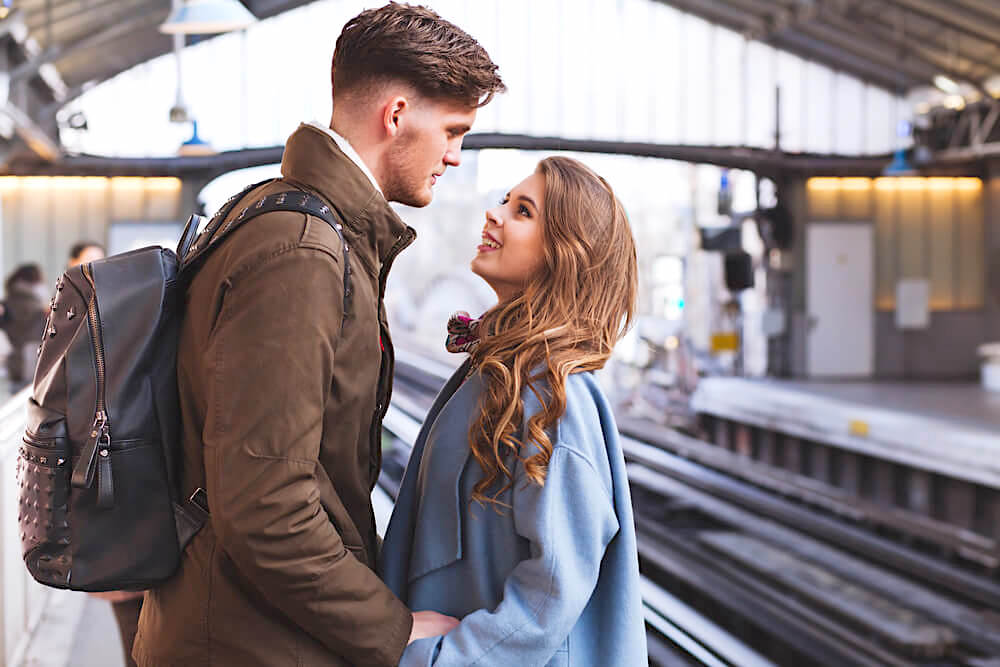 Couple saying goodbye at the train station