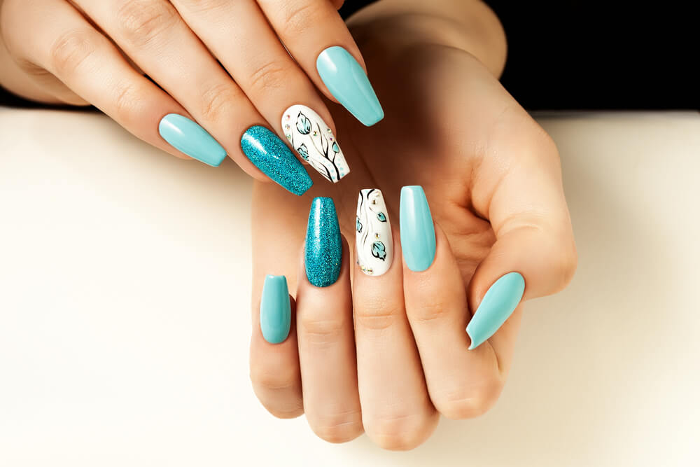 10. White coffin nails with rhinestone and marble designs - wide 1