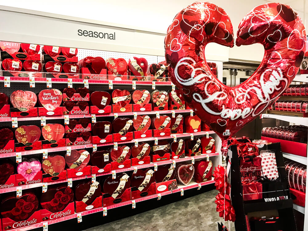 New York, February 2, 2017: Pharmacy shelves are filled with chocolates specially packaged in red heart shaped boxes during Valentine's Day shopping season.