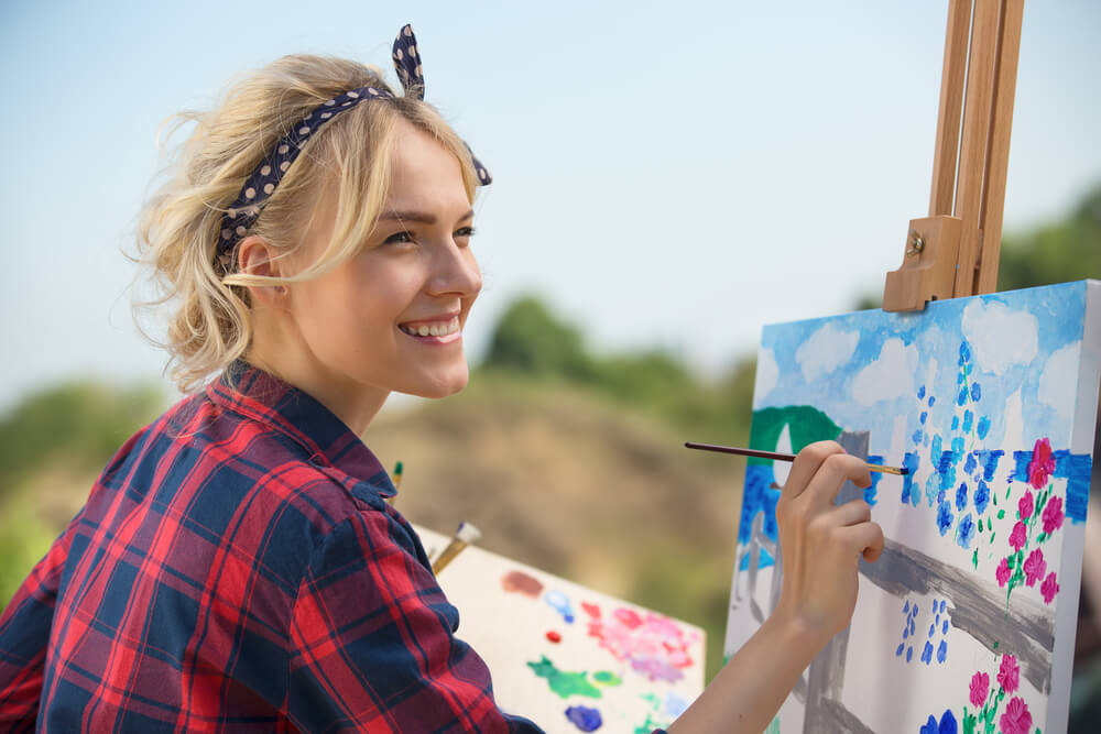 Woman with bangs painting